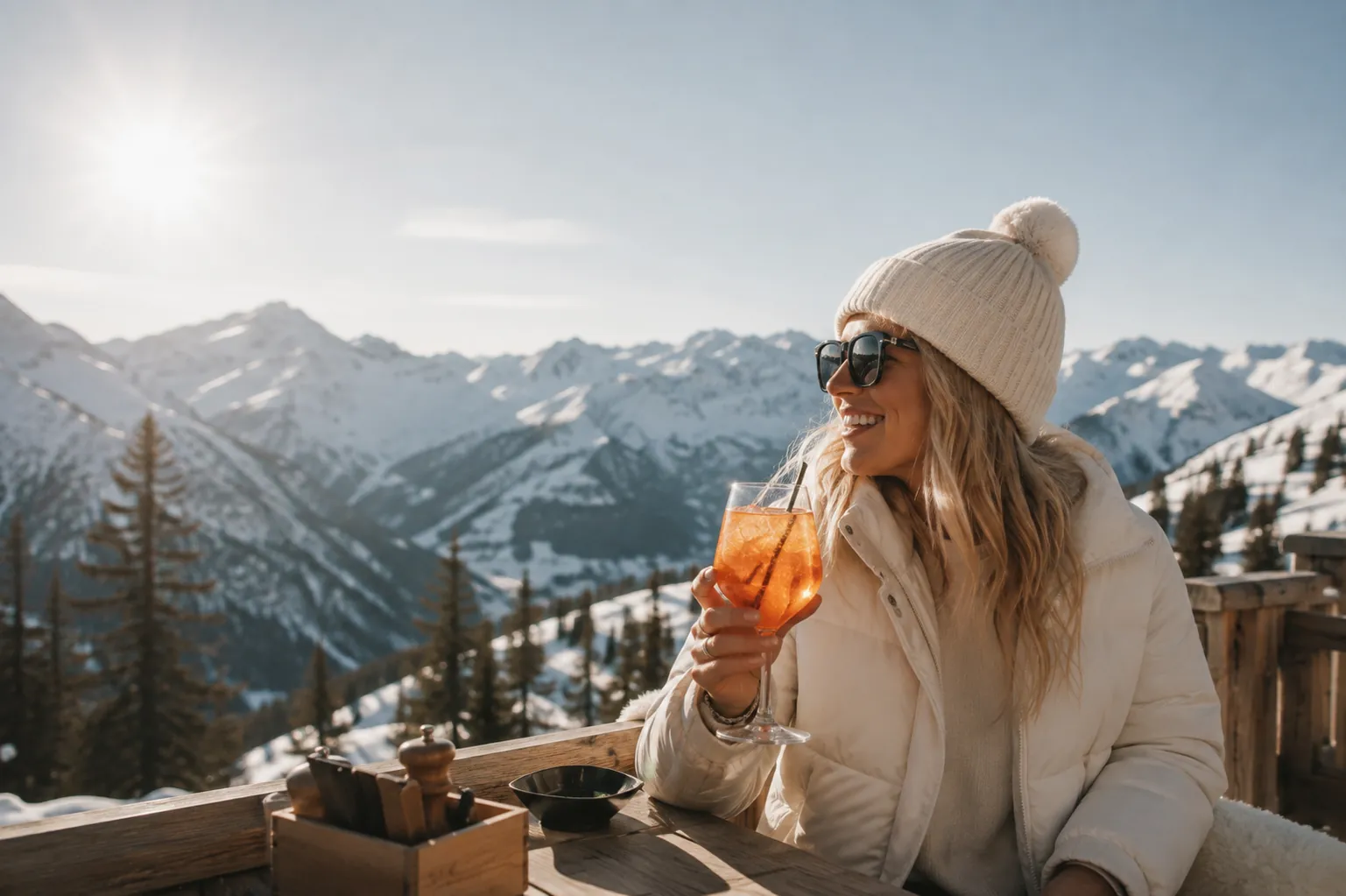 Een vrouw met een Aperol Spritz op een zonnig terras, met een besneeuwd bergdal achter haar.
