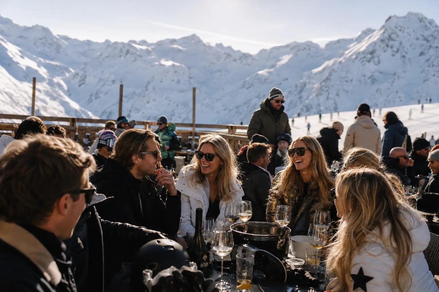 Collega's met een glas wijn aan een lange tafel op een zonnig berghutterras.