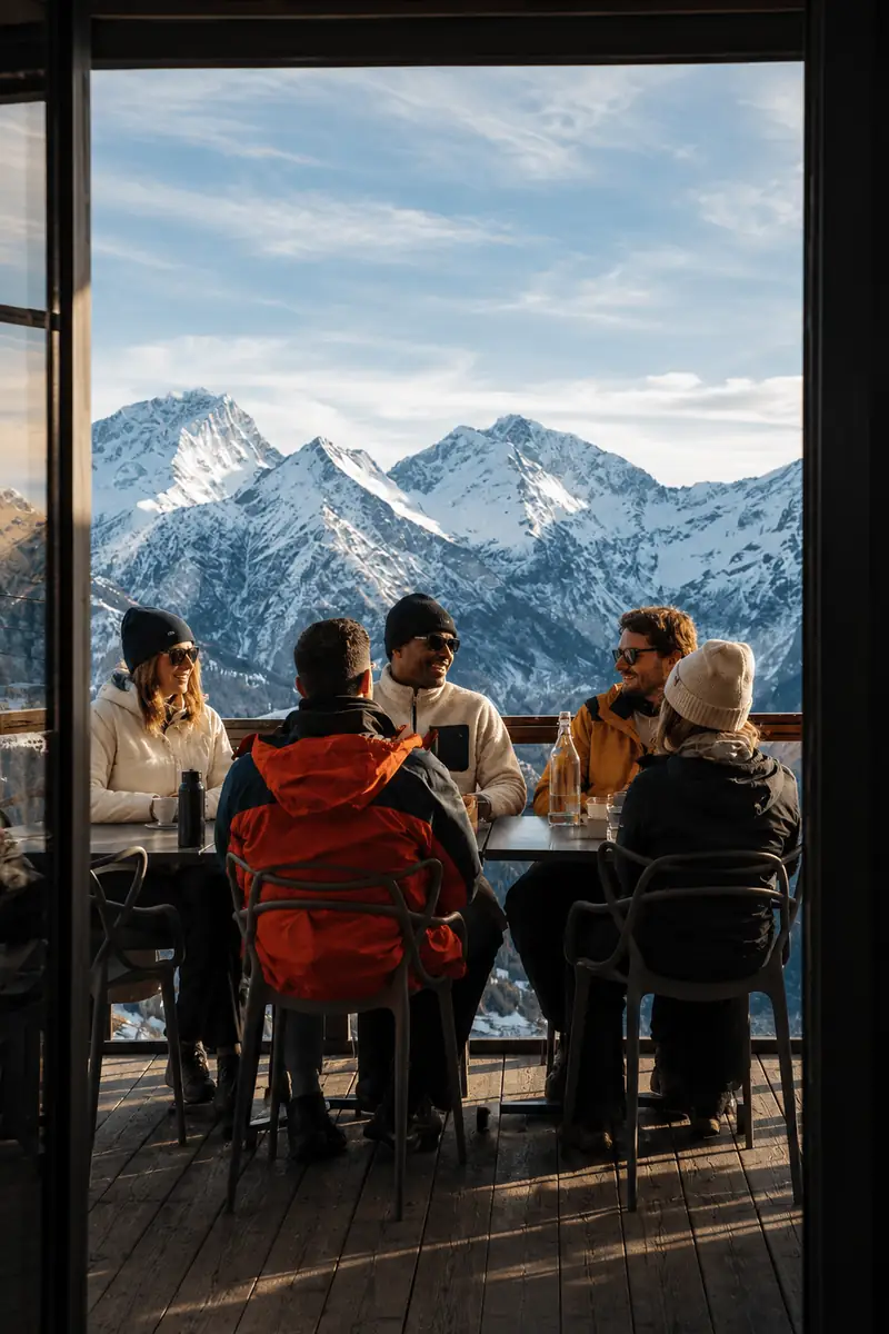 Een groep aan een lange tafel op een terras met uitzicht op besneeuwde bergtoppen.